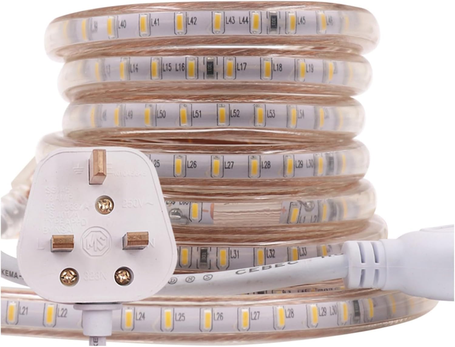 GQL 5m LED Strip AC 220V 240V IP65 Waterproof 3014 SMD 120LEDs/m Commercial Rope Light, Warm White Ribbon for Home Kitchen Cabinets Ceiling Garden Decoration UK Plug