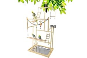 Joyeee Papageien-Spielplatz - Großer Ständer Mit Edelstahl-Futterbechern, Holzschaukel, Leiter, Glocken, Bunte Kunststoffkette für Haustiere, Vogelspiele, 48 x 33 x 94,5 cm, XL