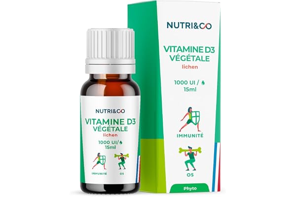 NUTRI & CO Vitamine D3 Végétale issue du Lichen 100% Naturelle - 1000 U.I par Goutte - 2000 UI/j - Flacon 15ml - Santé des Os & Immunité - pour Adultes et Enfants - Vegan Fabriqué en France
