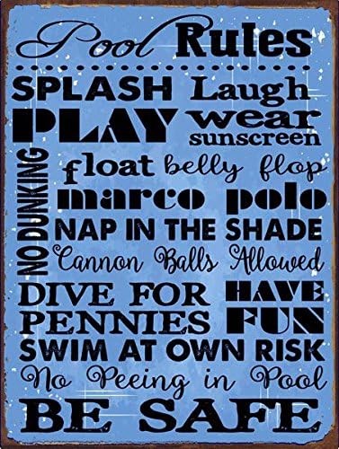 Sun Protected Pool Rules Blue Metal Sign, Motivational Rules, Swimming Pool Sign, Positive Thinking