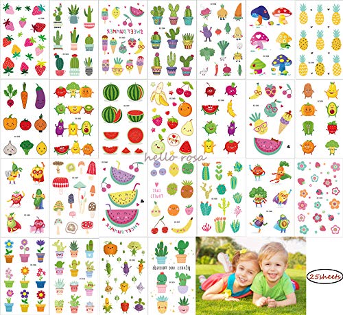 hello rosa Temporary Tattoos for Kids Girls,25 sheets Cute Fruit temporary tattoo,Fake Tattoo Stickers Cactus Pineapple for Birthday Party