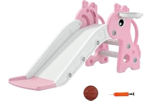 AIYAPLAY 3 in 1 Kids Slide, Giraffe Shape Toddler Slide with Climber, Basketball Hoop and Ball, Indoor Playground Equipment for Age 1-3, Pink