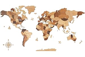 Creawoo Hölzerne 3D Weltkarte Wanddekoration, Mehrschichtige Natürliche Massive Hölzerne Karte Wandnust für Haus & Büro, Mehrfarbige Reisekarte aus Holz, Perfekt für Kreatives Geschenk-150x85cm