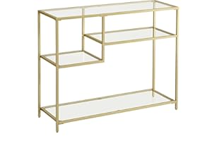 ‎VASAGLE VASAGLE stół konsolowy, stół do przedpokoju, stolik boczny, szkło hartowane, metalowa rama z półkami, 35 x 100 x 80 cm, nowoczesny do korytarza, salonu, kolor złoty LGT022A61