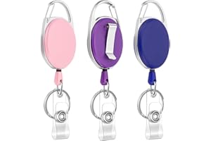 JEFURE 3pcs Retractable Badge Reel, Badge Holder, Extendable Id Card Holder, Lanyard Clip, Extendable Keyring with Clip, Heavy Duty Keychain, Fob Holder (Pink, Purple, Dark Blue)
