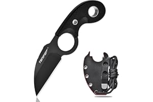 TONIFE Crescent Cuchillo de Cuello Cuchillo al Aire Libre de Hoja Fija 8Cr14MoV Acero con Funda de Cordón y el Clip de Full Tang Cuchillo de Supervivencia (Negro+Negro Titanio)