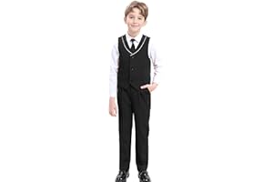 LOLANTA Conjunto de Traje de 4 Piezas para Niños, Traje Formal para Bodas y Fiestas de Cumpleaños para Niños, Conjunto de Chaleco, Pantalones, Camisa y Pajarita para Niño de Arras，2-14 Años