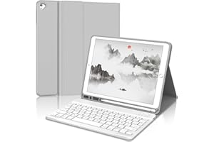 JADEMALL Coque Clavier pour iPad 10.2", iPad 9e/8e/7e Génération 2021/2020/2019, AZERTY Français Clavier sans Fil Housse avec Pen Holder pour iPad 9eme/8eme/7eme Generation, Gris Clair
