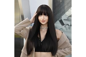 7JHH WIGS Długie, proste czarne peruki z grzywką, 61 cm, syntetyczne włosy, naturalnie wyglądające, odporne na wysokie temperatury, do codziennego użytku, na imprezę