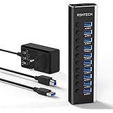 RSHTECH USB Hub Aktiv 3.0 mit 36W(12V/3A) Netzteil, Aluminium 10 Ports USB 3.0 Hub zum Laden und zur Datenübertragung, USB 3.