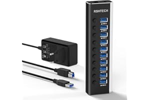 RSHTECH Hub USB Activo 3.0 con 10 Puertos y Fuente de Alimentación de 36W, Ladron USB para Carga y Transferencia de Datos, Concentrador USB con Interruptores de Individuales y Fuente de Alimentación.