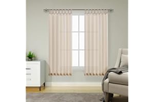 TOPICK Beżowe, o wyglądzie lnu, firanki z pętelkami, krótkie zasłony do kuchni, salonu, sypialni, zasłony okienne, przezroczyste, woal, styl wiejski, nowoczesny, zestaw 2 sztuk, 140 x 175 wys. (cm)