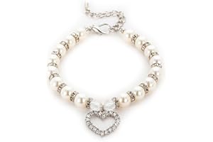 Ling & Bai Pet Supplies Pearl Necklace Dog Love Diamond Pendant Collar Rhinestones Jewelry for Puppy and Kitten (White, S)