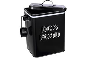 ZoeQide Recipiente para comida para perros de metal, 5 L, con tapa y cuchara medidora, hermética, caja de comida seca blanca, apto para comida de mascotas, aperitivos y cocina, color negro