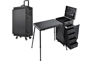 TAYQWIHEVA Maleta de Maquillaje con Mesa y 5 cajones Maletín de Maquillaje Profesional con Ruedas Caja Maquillaje Maleta Peluquería Grande Mesa de Manicura móvil Trolley Maquillaje, Negro