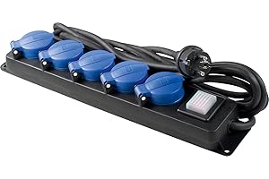 as - Schwabe 5-Fach Verteilersteckdosenleiste mit Schalter, Schutzkontaktsteckdosen mit Klappdeckeln, 4,5 m Leitung, Mehrfachsteckdose für den Außenbereich 230V, 16A, IP44, Schwarz, Blau, 38605