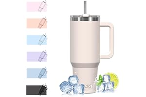 WATERSY 1182 ml Termo con Asa, Grande Taza Termica Acero Inoxidable, 40oz Taza de Café con Pajita, Termo de Agua para Frío y Caliente, Travel Mug Doble Pared, para Gimnasio, Viaje (Marfil)