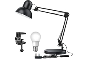 LONGTOO Bigger Table Lamp with E27 Screw Bulb, Flexible Clamp on Desk Light, Adjustable 65cm Swing Arm Light for Office, Bedside, Studying, and Reading