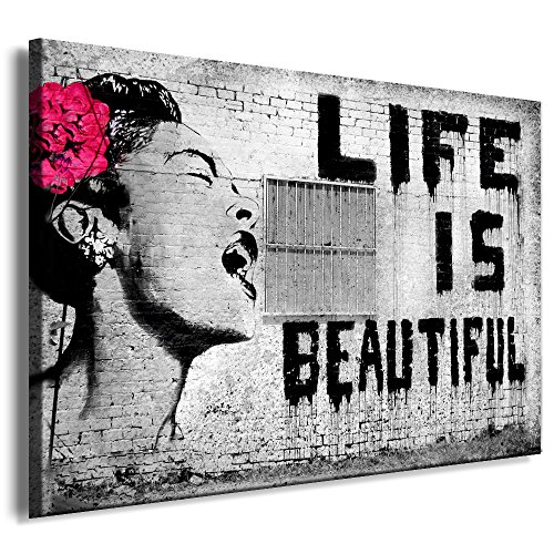 Toile sur châssis - Graffiti de Banksy Life is Beautiful - Artfactory24/af0109, Bois, Schwarz-Weiß, 120 x 80 cm