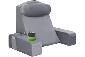 ‎AS AWESLING Lesekissen für Erwachsene - Rückenkissen fürs Bett mit abnehmbaren Armlehnen, Getränkehalter & Handyablage - Kissenrückenlehne für bequemes Sitzen im Bett (GRAU, 48 cm)