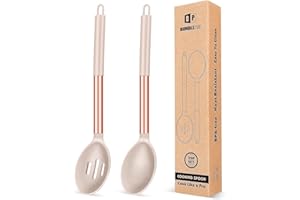 BUNDLEPRO Paquete de 2 Cucharón de Silicona, Cucharas Grandes Solidas, Utensilios de Cocina para Mezclar, Cocinar, Servir y Freir Comida, Verduras, Salad（Oro rosa-Caqui）
