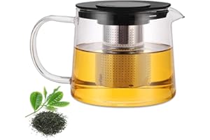 GOMETY Teiera in vetro, 1,5 l, resistente al calore, con colino da tè in acciaio inox rimovibile e coperchio, teiera con inserto per colino, teiera termica per tè fiorito e tè alle foglie sciolto