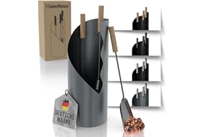 Heimfleiss® Kaminbesteck Modern Grau | Ofenbesteck Kaminbesteck Set | Hochwertiges Kaminset aus Schürhaken & Kehrset | Kaminzubehör mit Holzgriff | Kaminofen Besteck Anthrazit | Kamingarnitur für Ofen