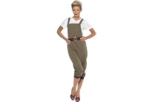 Smiffys WW2 Land Girl Costume, Khaki with Top, Dungarees and Headscarf, 1940's Wartime Fancy Dress, 1940s Dress Up Costumes