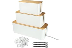 GOYADA 3 Pcs Boîte de Rangement de Câbles, 3 Tailles Boîte Cache Câble, Boîte de Rangement Blanche, Cache Multiprise Electrique avec Bois Couvercle pour Ranger Câbles et 3 Attache de Cables