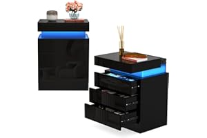 ‎LVHCMFOHM Lvhcmfohm Nachttisch Schwarz 2er Set, Nachtschrank mit Led Licht, Nachtkommode mit 3 Schubladen und Schränke mit Klappdeckel für Wohnzimmer, Schlafzimmer (45x35x61cm)
