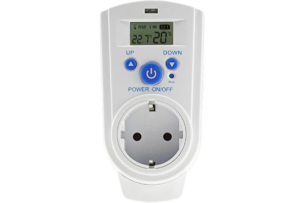 ChiliTec Eluttagstermostat ST-35 digitalt uttag med temperaturregulator, mellankontakt, 230 V, termostat för uppvärmning, flä
