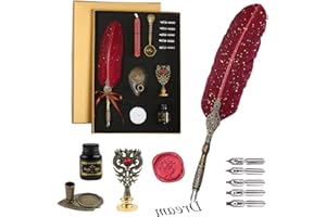 Dsaren Długopis do kaligrafii, vintage, zestaw do pisania, z atramentem, woskiem do pieczęci, pieczęci, zapasowe końcówki, uchwyt na długopis i pudełko na prezent (czerwone)