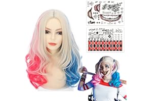 CAPANEUS Perruque Halloween Fille Femme, Perruque Quinn avec Tatouage, Perruque Rose Bleu, Déguisement Quinn Accessoire pour Fille Femme Halloween Carnaval Cosplay