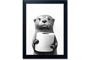 Melpa Art Black and White Bathroom Wall Animal Bathroom Wall Decor, Toilet Paper in Little Funny Roccoon's Hand Framed Artwork