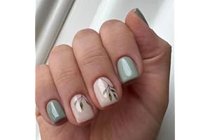 JUSTOTRY Pack of 24 Olive Square Nails for Sticking, Short with Leaves Pattern, Green French Press on Nails, Artificial Nails, Fake Nails, Beautiful Square Fingernails, Artificial Nails, Medium for