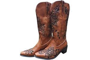 Dasongff Bottes de Cowboy pour Femme à Talon Epais Boots Femme Broderie Moto Casual Boot Equitation Bottes Motard Chic Santiags Rétro Haute Botte Confort Femmes Orthopedique Bottine Automne