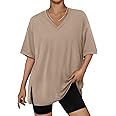 Trendy Queen Oversized Tshirts for Women Workout Plus Size Tops V Neck Short Sleeve Gym Shirts Casual Loose Fit Basic Tees