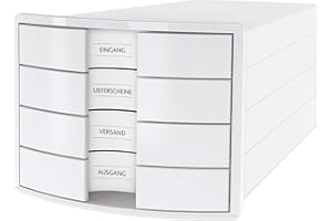 ‎HANLESI HAN Schubladenbox IMPULS 2.0 mit 4 geschlossenen Schubladen für DIN A4/C4 inkl. Beschriftungsschilder, Auszugsperre, möbelschonende Gummifüße, Design in premium Qualität, 1012-12, weiß