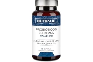 Probioticos y Prebioticos Intestinales 30 Cepas - 264 Mil Millones de UFC por Dosis - Biprotics 30 Cepas Complex 60 Cápsulas Nutralie