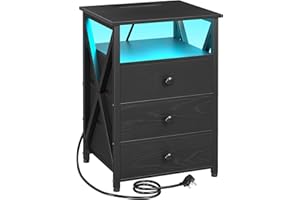 AMHANCIBLE Bedside Table with Charging Station, Side Table with Led Lights, Bedside Cabinet with 3 Fabric Storage Drawers, End Table, Sofa Side Table, Nightstand for Living Room, Black HET053LBK-1