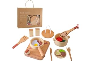 Smartwo Topfset und Geschirr für Spielküche, Kinderküche Zubehör aus Holz, Küchenutensilien Pfanne Holzspielzeug-Set, Kochset für Rollenspiele, Weihnachten Geschenk für Jungen Mädchen ab 3 Jahre