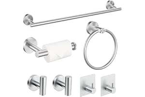 Cnwinu 7 PCS Bathroom Accessory,Toilet Roll Holder and Towel Holder Set,Wall Mounted Bathroom Accessories Set with Hardware,With Toilet Paper Holder,Towel Rail,Towel Ring,Self Adhesive Hooks(Silvery)
