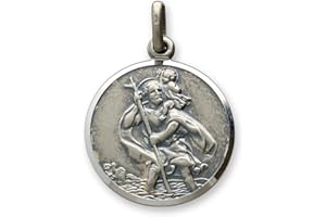 CHRISTOPHER JAMES OF LONDON Mens Antique Finish Sterling Silver Mens 22mm Round St Christopher Medal Pendant In Gift Box