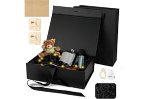AUBESS Pudełko prezentowe z magnetyczną pokrywką, 23 x 17 x 7 cm, czarne, pudełko prezentowe na urodziny, z torbą do noszenia + kartką z życzeniami, łańcuchy świetlne, rafia, wstążka, pudełko na prezent na