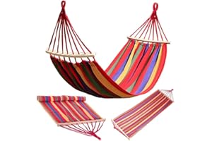 PraTiKo Life Amaca Giardino Campeggio Tessuto con Asta in Legno e Sacca Portatile per Esterno 200 x 80 cm Rosso