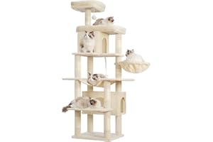 Heybly Árbol para Gatos Alto, 178 cm Altura, Columna Rascador para Gatos Domésticos, Árbol Multi - Niveles: 8 Columnas Rascador, 2 Huecos, 2 Plataformas, Hamaca y Cesto, Beige HCT036M