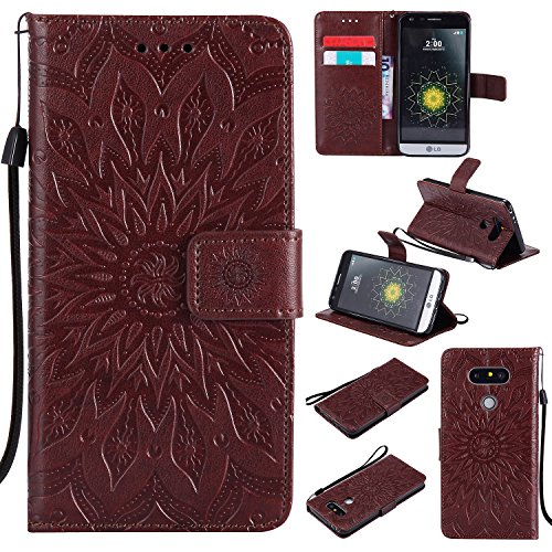 LG G5 Hülle,LG G5 Leder Wallet Tasche Brieftasche Schutzhülle,Cozy Hut® Prägung Sunflower Muster PU Lederhülle Flip Hülle im Bookstyle Cover Schale Stand Ständer Etui Karten Slot Schutzhülle Brown Tasche Wallet Case für LG G5 / H868 5,3 Zoll - braun