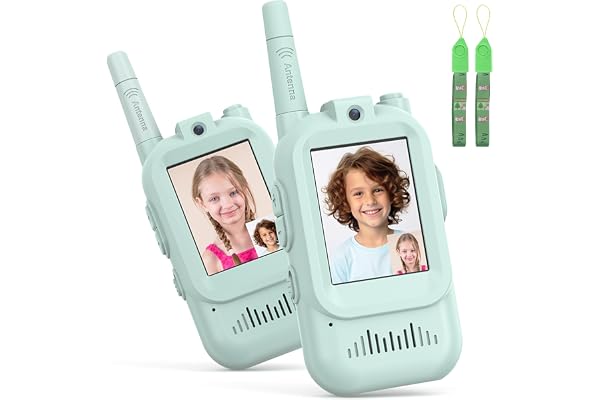 Hangrui Talkie Walkie Enfants avec Vidéo & HD Caméra,Lot de 2 Talkies-Walkies Rechargeable,Portée 100-400m,4 Modes de Voix Changée, Cadeaux Jouets de Plein air pour Enfants de 3 à 12 Ans (Vert + Vert)