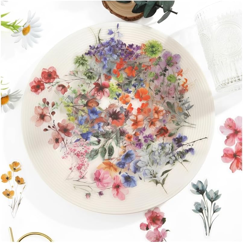 HMCEY 100 Piezas Pegatinas Flores Transparentes,Stickers Scrapbooking Flores,Journaling Stickers Aesthetic Bullet Journal,Pegatinas Decorativas Album Fotos para Planificador, Calendario, Cuadernos