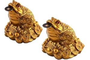 Lelukee 2 Stück Goldener Geldfrosch mit Feng Shui Münze, Mini Feng Shui Chan Chu Symbol des glücklichen Reichtums, Goldener Geldfrosch Münze im Mund Geschenk Feng Shui Ornamente Heimdekoration
